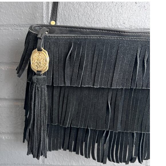 VINCE CAMUTO Riqui Black Suede Fringe Leather Crossbody Bag Clutch Bohemian - Picture 3 of 9